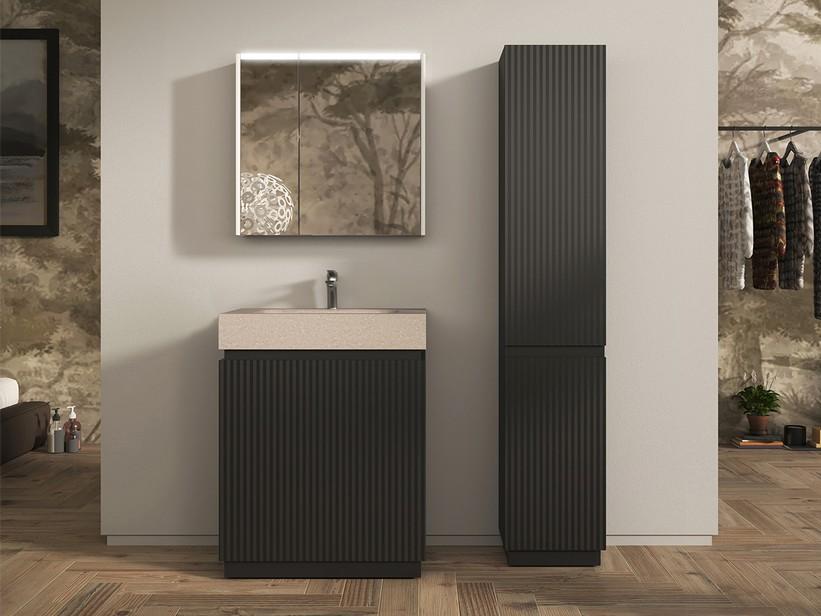 Meuble salle de bains FARO à poser 70 cm cannelé noir mat et lavabo Unitop en HPL quartzite clair | IperCeramica