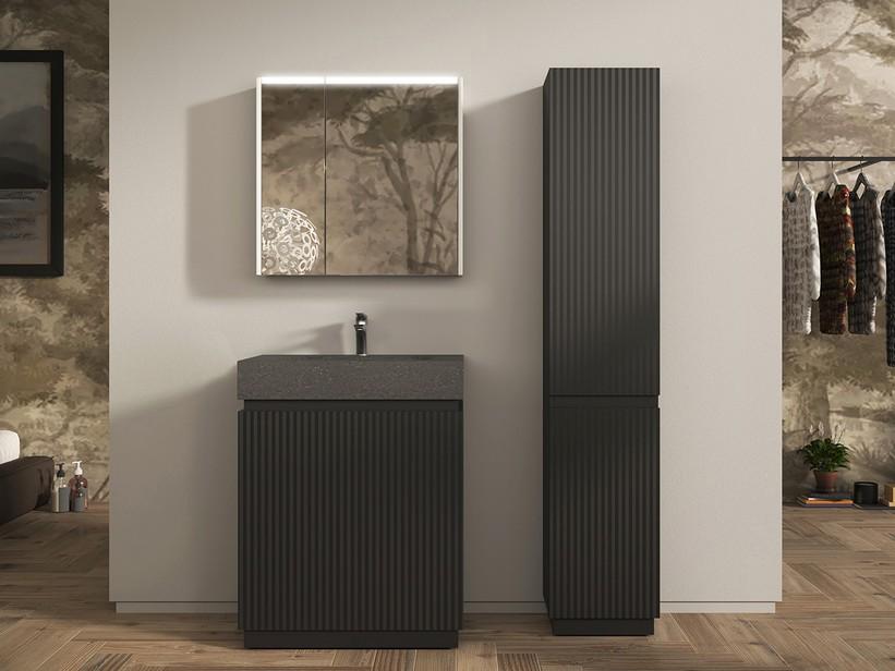 Meuble salle de bains FARO à poser 70 cm cannelé noir mat et lavabo Unitop en HPL quartzite foncé | IperCeramica