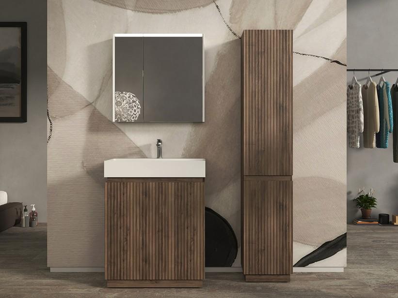 Meuble salle de bains FARO à poser 70 cm cannelé noyer mat et lavabo Unitop en résine blanc mat | IperCeramica