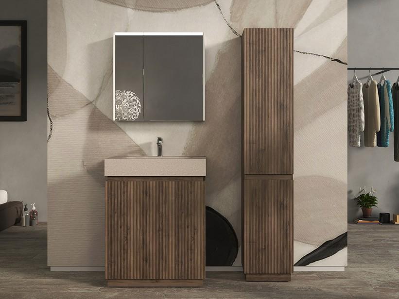 Meuble salle de bains FARO à poser 70 cm cannelé noyer mat et lavabo Unitop en HPL quartzite clair | IperCeramica