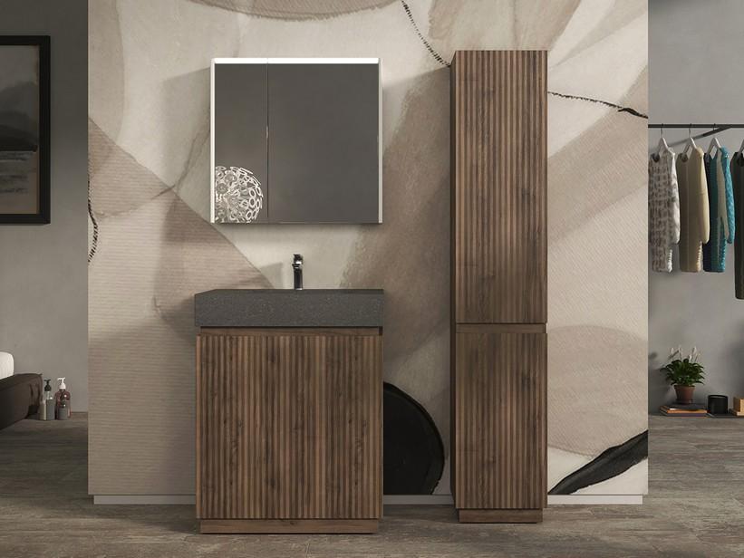 Meuble salle de bains FARO à poser 70 cm cannelé noyer mat et lavabo Unitop en HPL quartzite foncé | IperCeramica