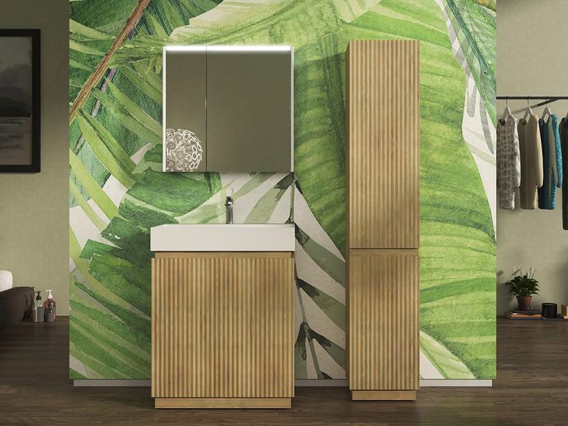 Meuble salle de bains FARO à poser 70 cm cannelé chêne tabac et lavabo Unitop en résine blanc mat | IperCeramica