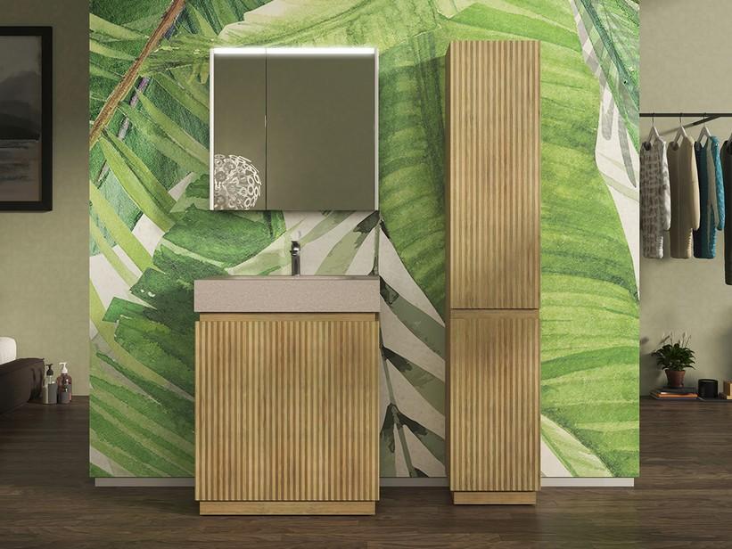 Meuble salle de bains FARO à poser 70 cm cannelé chêne tabac et lavabo Unitop en HPL quartzite clair | IperCeramica