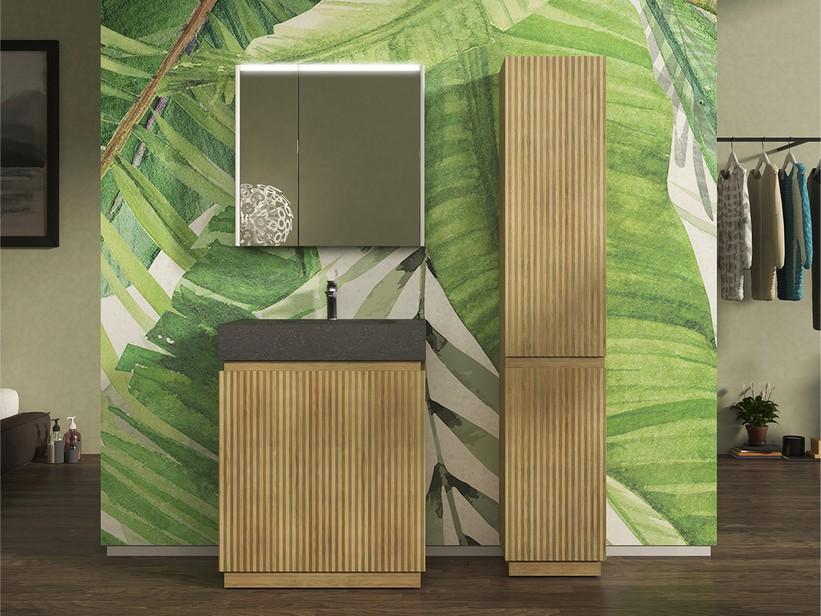 Meuble salle de bains FARO à poser 70 cm cannelé chêne tabac et lavabo Unitop en HPL quartzite foncé | IperCeramica