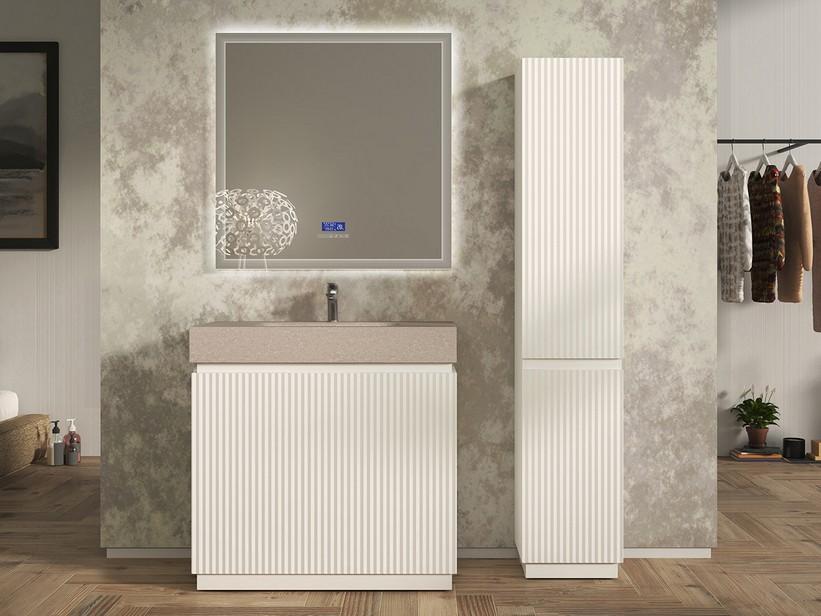 Meuble salle de bains FARO 90 cm à poser cannelé blanc mat et lavabo Unitop en HPL quartzite clair | IperCeramica