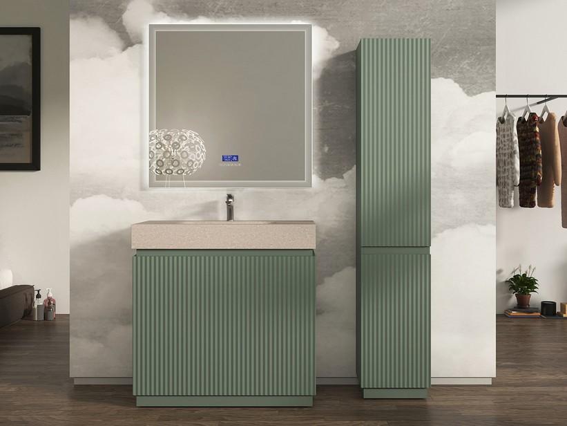 Meuble salle de bains FARO 90 cm à poser cannelé vert mat et lavabo Unitop en HPL quartzite clair | IperCeramica