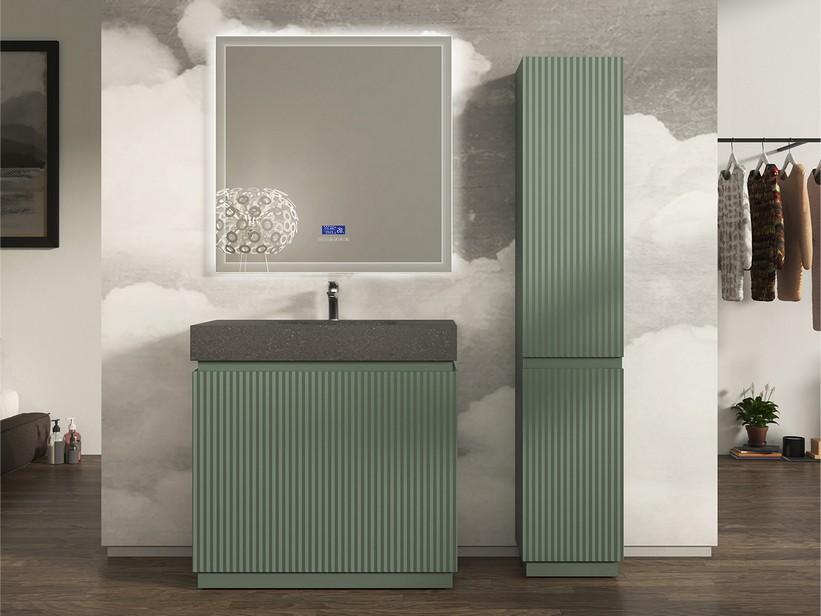 Meuble salle de bains FARO 90 cm à poser cannelé vert mat et lavabo Unitop en HPL quartzite foncé | IperCeramica