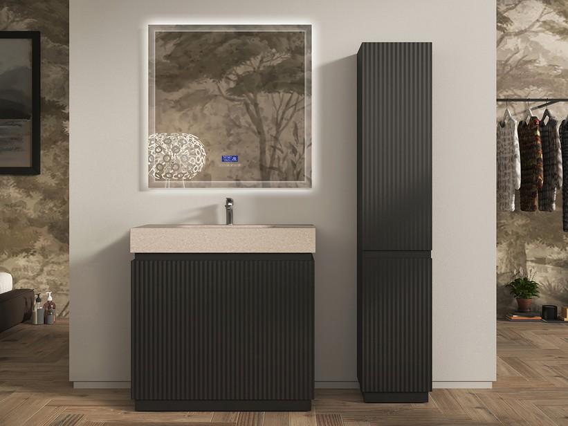 Meuble salle de bains FARO 90 cm à poser cannelé noir mat et lavabo Unitop en HPL quartzite clair | IperCeramica