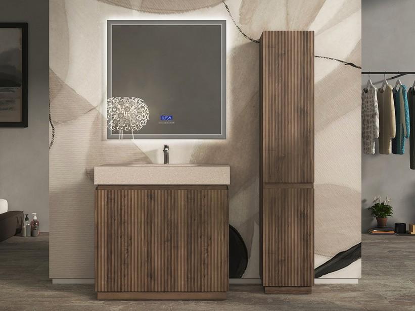 Meuble salle de bains FARO 90 cm à poser cannelé noyer mat et lavabo Unitop en HPL quartzite clair | IperCeramica