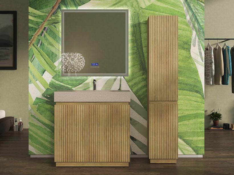 Meuble salle de bains FARO 90 cm à poser cannelé chêne tabac et lavabo Unitop en HPL quartzite clair | IperCeramica