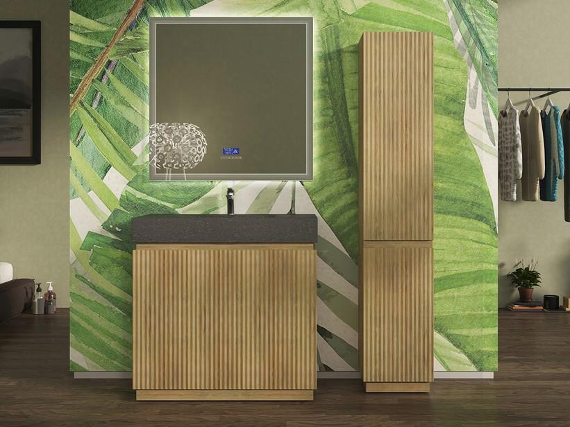 Meuble salle de bains FARO 90 cm à poser cannelé chêne tabac et lavabo Unitop en HPL quartzite foncé | IperCeramica