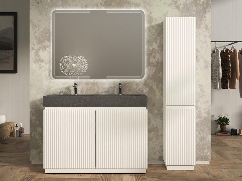 Meuble salle de bains FARO 120 cm à poser cannelé blanc mat et lavabo Unitop en HPL quartzite foncé | IperCeramica