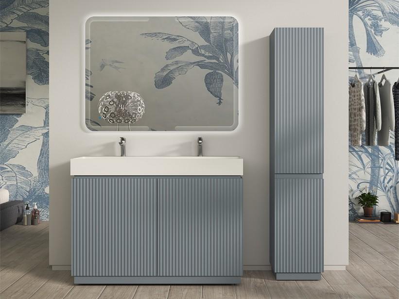 Meuble salle de bains FARO 120 cm à poser cannelé bleu mat et lavabo Unitop en résine blanc mat | IperCeramica