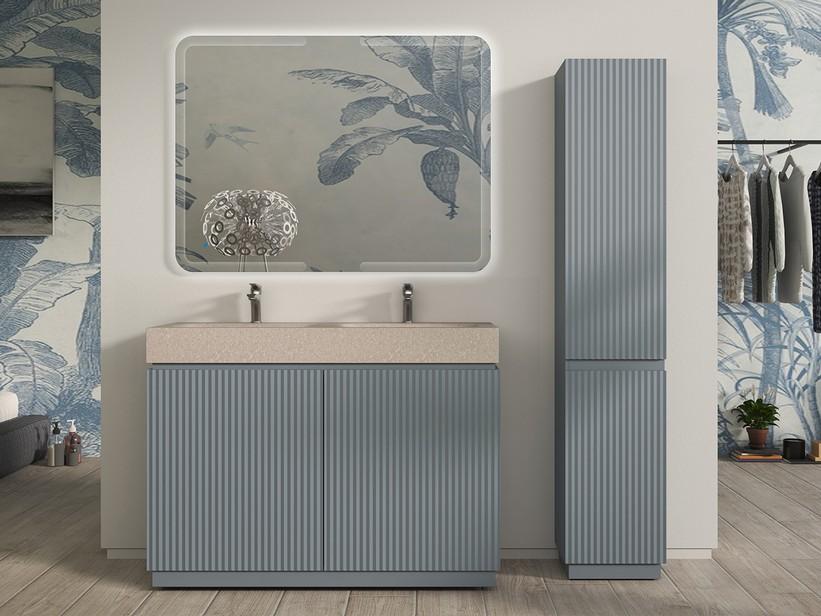 Meuble salle de bains FARO 120 cm à poser cannelé bleu mat et lavabo Unitop en HPL quartzite clair | IperCeramica