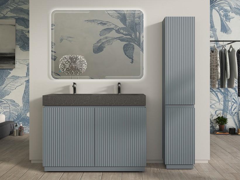 Meuble salle de bains FARO 120 cm à poser cannelé bleu mat et lavabo Unitop en HPL quartzite foncé | IperCeramica