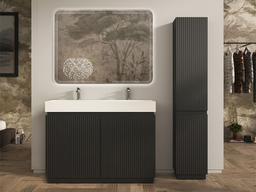 Meuble salle de bains FARO 120 cm à poser cannelé noir mat et lavabo Unitop en résine blanc mat | IperCeramica