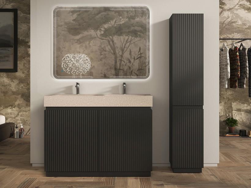 Meuble salle de bains FARO 120 cm à poser cannelé noir mat et lavabo Unitop en HPL quartzite clair | IperCeramica