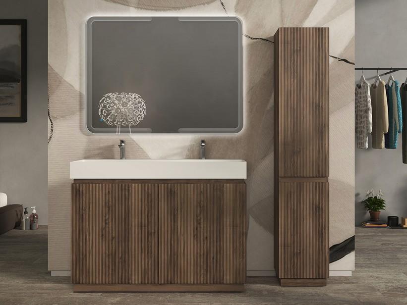 Meuble salle de bains FARO 120 cm à poser cannelé noyer mat et lavabo Unitop en résine blanc mat | IperCeramica