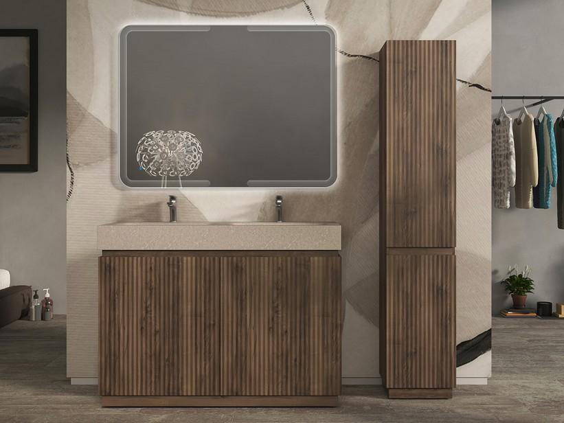 Meuble salle de bains FARO 120 cm à poser cannelé noyer mat et lavabo Unitop en HPL quartzite clair | IperCeramica