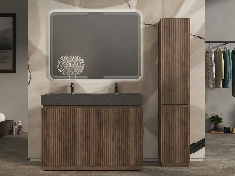 Meuble salle de bains FARO 120 cm à poser cannelé noyer mat et lavabo Unitop en HPL quartzite foncé | IperCeramica