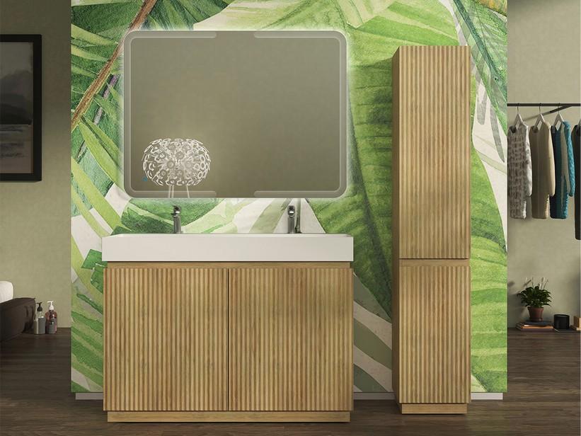 Meuble salle de bains FARO 120 cm à poser cannelé chêne tabac et lavabo Unitop en résine blanc mat | IperCeramica