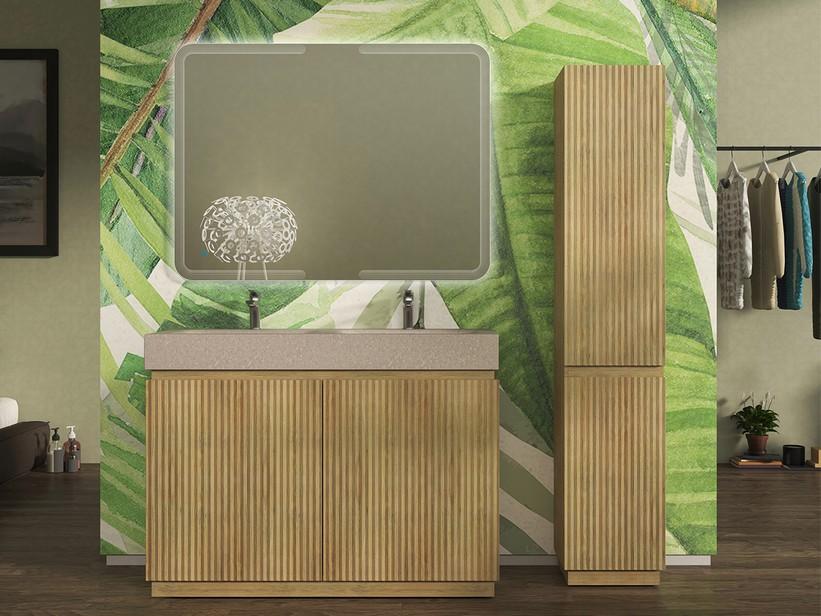 Meuble salle de bains FARO 120 cm à poser cannelé chêne tabac et lavabo Unitop en HPL quartzite clair | IperCeramica