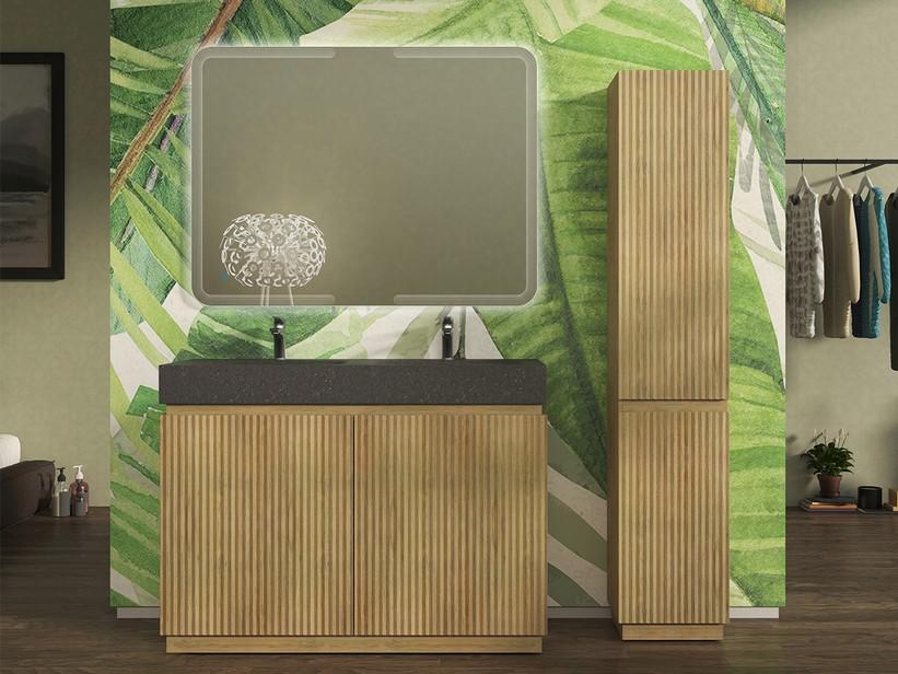 Meuble salle de bains FARO 120 cm à poser cannelé chêne tabac et lavabo Unitop en HPL quartzite foncé | IperCeramica