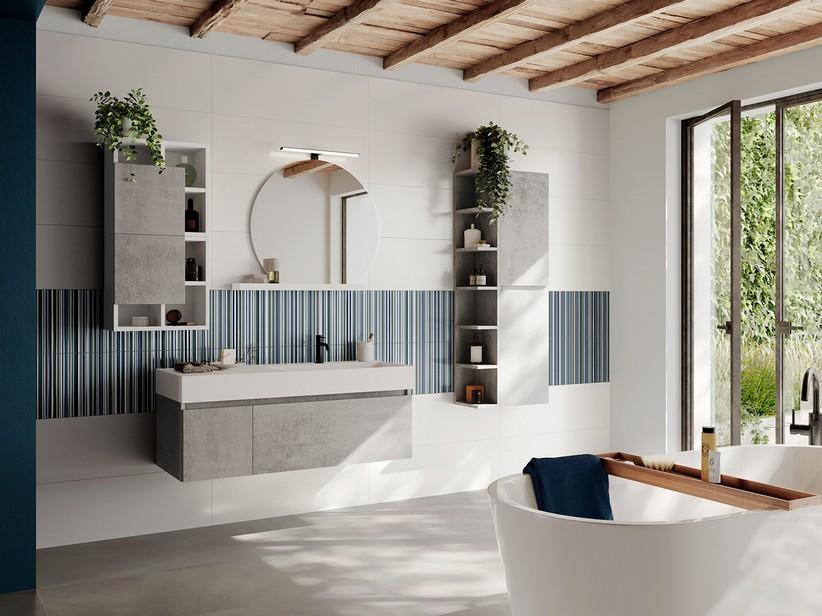 Meuble salle de bains Qubo 120 cm Gris oxyde avec lavabo Unitop Quadro en résine vasque à droite blanc rugueux | IperCeramica