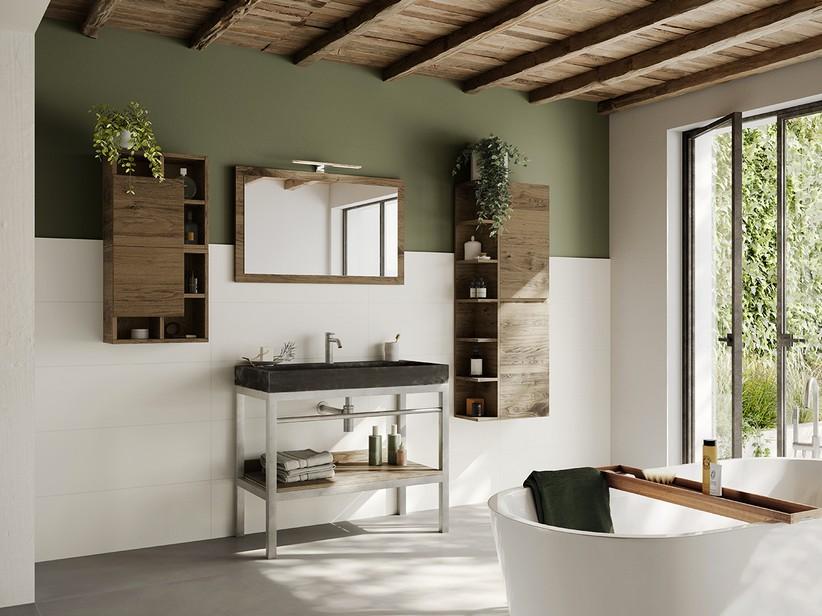Meuble de salle de bains totem Purestone 100 cm inox satiné avec lavabo pierre naturelle Limestone noire | IperCeramica