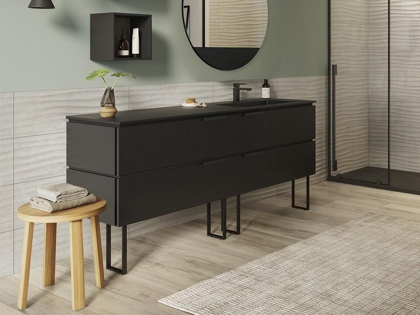 Meuble salle bains TOUCH 160 cm avec pieds, 4 tiroirs Phoenix noir mat, lavabo Unitop HIDE à droite effet pierre noir | IperCeramica