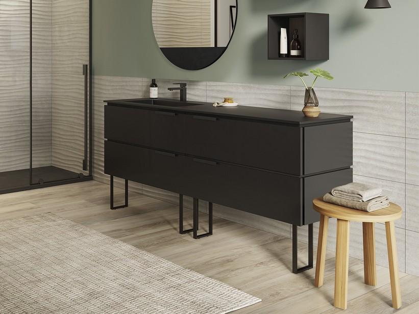 Meuble salle bains TOUCH 160 cm avec pieds, 4 tiroirs Phoenix noir mat, lavabo Unitop HIDE à gauche effet pierre noir | IperCeramica