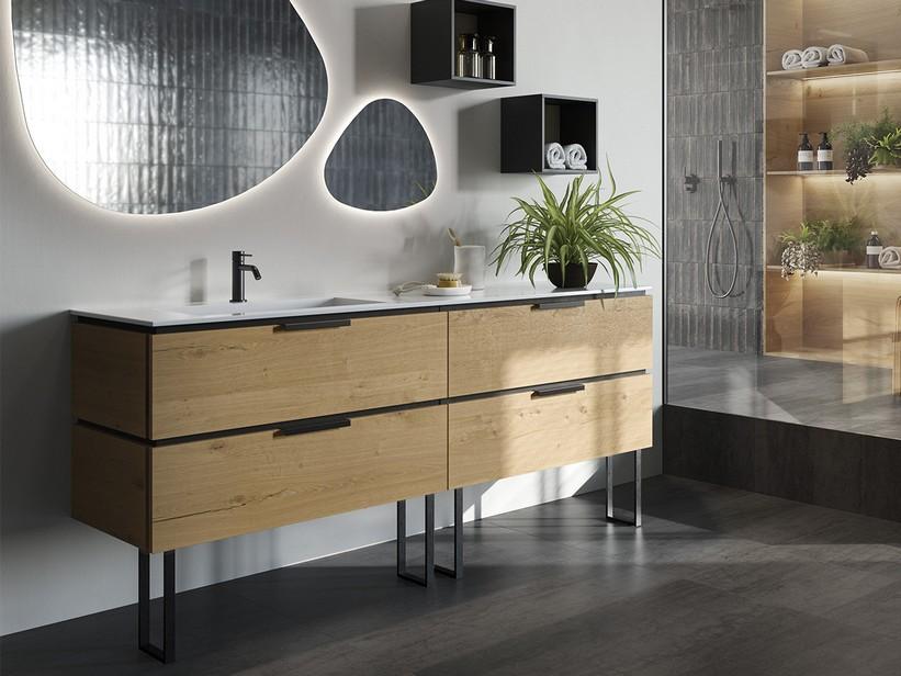 Meuble de salle de bains OXYGEN 180 cm à 4 tiroirs chêne à nœuds avec lavabo Unitop HIDE droite en résine et pieds | IperCeramica