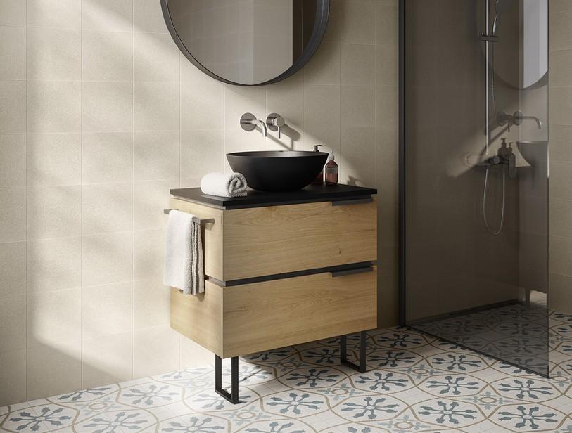 Meuble de salle de bains OXYGEN 70 cm à 2 tiroirs chêne à nœuds avec plan noir mat et pieds | IperCeramica