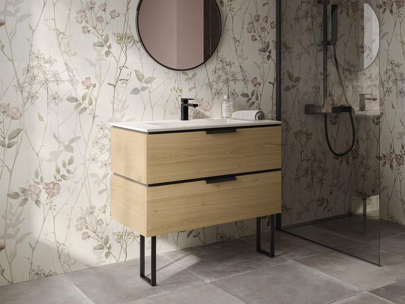 Meuble de salle de bains OXYGEN 90 cm à 2 tiroirs chêne à nœuds avec lavabo Unitop en résine PLANO et pieds | IperCeramica