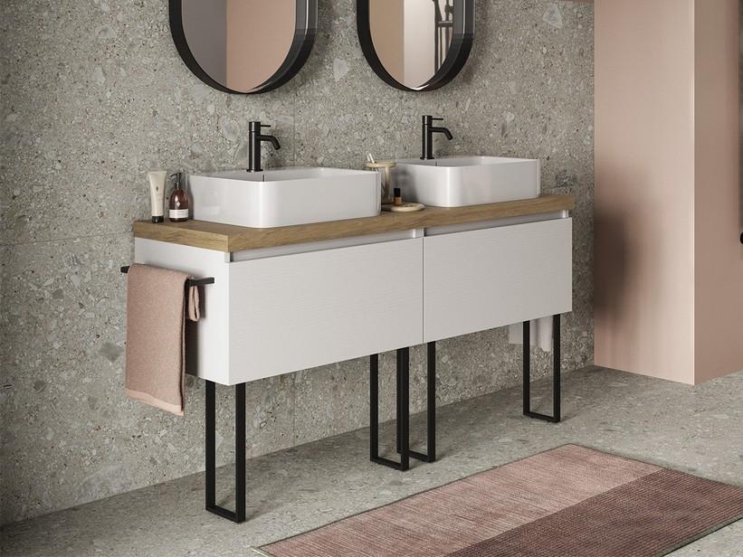 Meuble salle de bains QUBO 140 cm 2 tiroirs Blanc Matrix/Sherwood avec plan et supports à poser | IperCeramica
