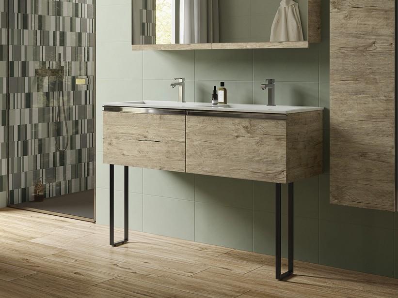Meuble de salle de bain SMART 120 cm Natural Oak avec double vasque en résine de marbre et pieds | IperCeramica