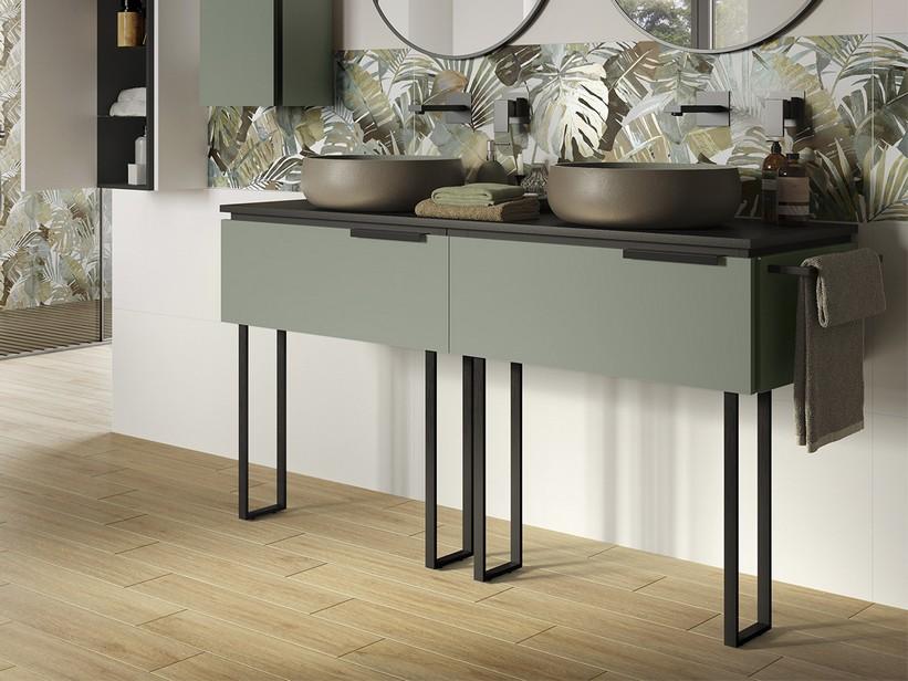 Meuble de salle de bains TOUCH 140 cm 2 tiroirs vert sauge mat avec plan noir mat et 4 pieds | IperCeramica