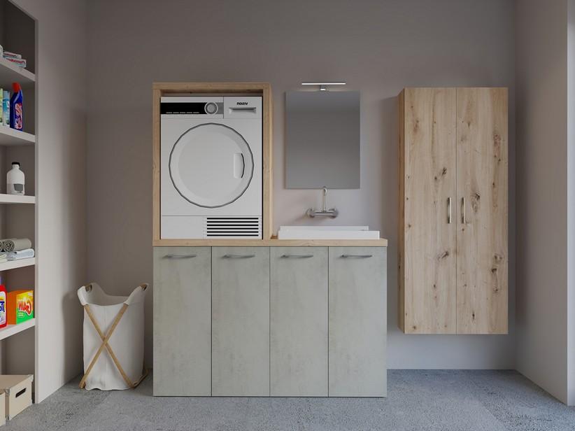 Meuble buanderie BONK 140 cm pour lave-linge et sèche-linge 4 portes et bac à laver à droite ciment/chêne | IperCeramica