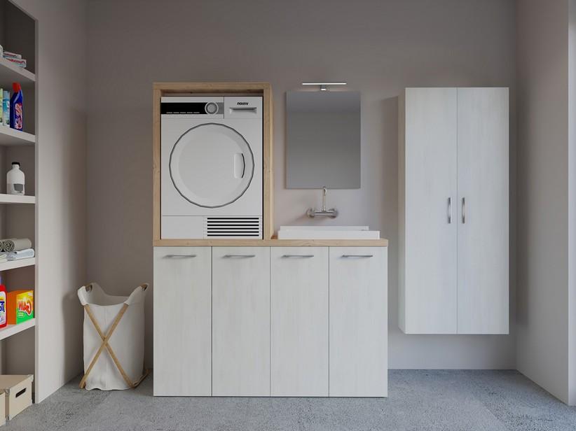 Meuble buanderie BONK 140 cm pour lave-linge et sèche-linge 4 portes et bac à laver à droite blanc matrix/chêne | IperCeramica