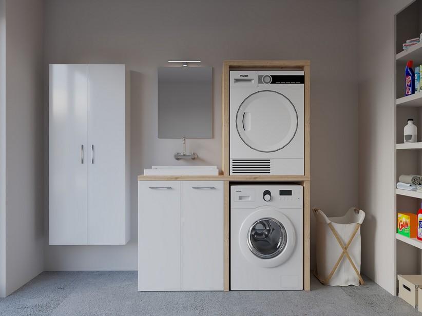 Meuble buanderie BONK 140 cm pour lave-linge et sèche-linge 2 portes et bac à laver à gauche blanc brillant/chêne | IperCeramica