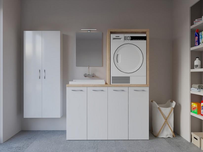Meuble buanderie BONK 140 cm pour lave-linge et sèche-linge 4 portes et bac à laver à gauche blanc brillant/chêne | IperCeramica
