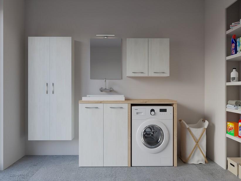 Meuble buanderie BONK 140 cm pour lave-linge 2 portes et bac à laver à gauche blanc matrix/chêne | IperCeramica