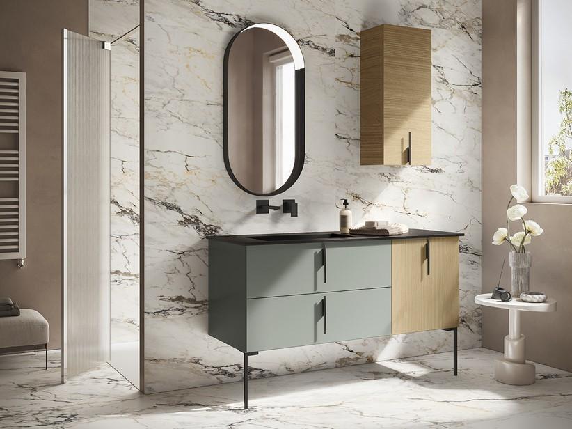 Meuble salle de bains DESK 140 cm chêne/vert mat - poignées noir mat et lavabo HIDE effet pierre noir | IperCeramica