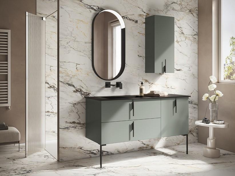 Meuble salle de bains DESK 140 cm vert mat - poignées noir mat et lavabo HIDE effet pierre noir | IperCeramica