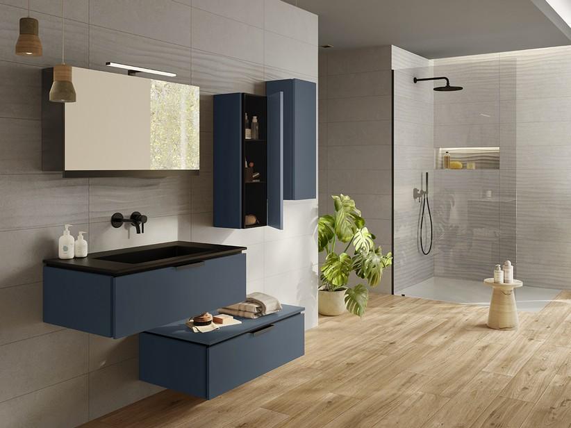 Meuble salle de bains TOUCH 90 cm 1 tiroir bleu nuit mat et lavabo intégré HIDE effet pierre noir semi-brillant | IperCeramica