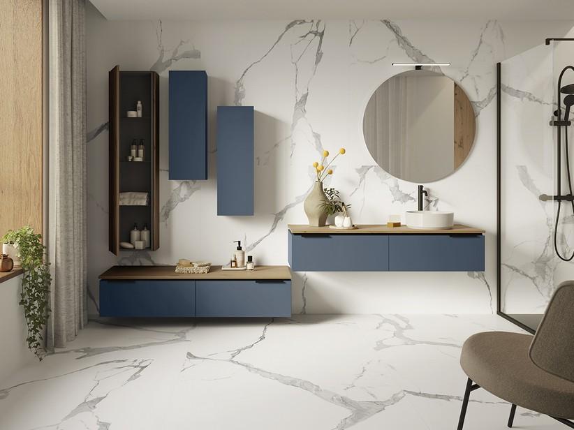 Meuble salle de bains TOUCH 140 cm 2 tiroirs bleu nuit mat et plan 1,8 cm chêne à nœuds | IperCeramica