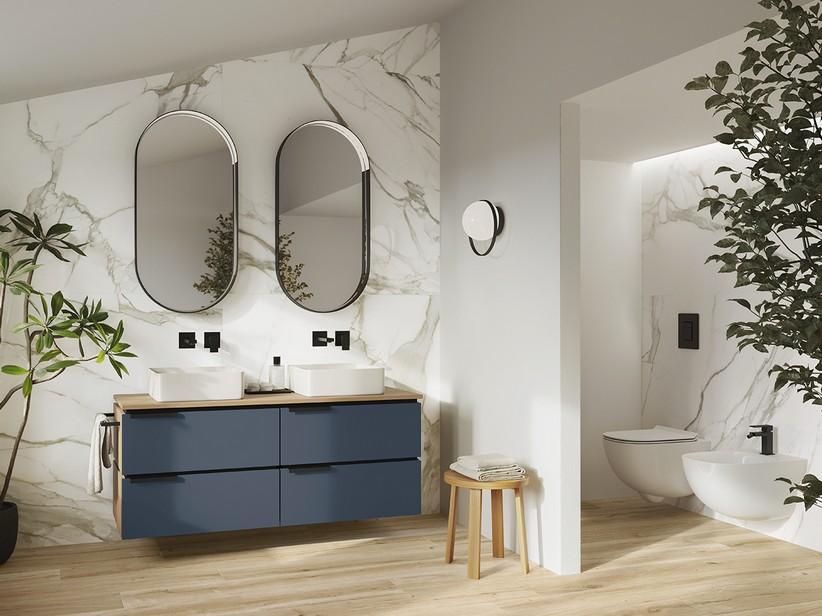 Meuble salle de bains TOUCH 140 cm 4 tiroirs bleu nuit mat et plan 1,8 cm chêne à nœuds | IperCeramica
