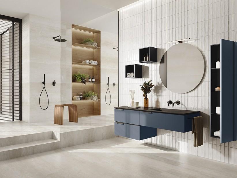 Meuble salle de bains TOUCH 160 cm 3 tiroirs bleu nuit mat et lavabo Unitop droit en résine effet pierre noir semi-brillant | IperCeramica