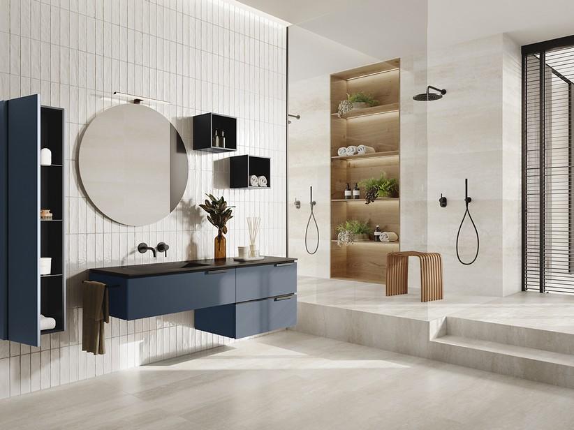 Meuble salle de bains TOUCH 160 cm 3 tiroirs bleu nuit mat et lavabo Unitop gauche en résine effet pierre noir semi-brillant | IperCeramica