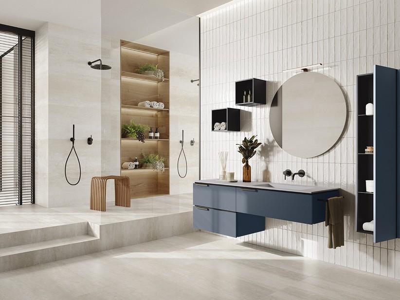Meuble salle de bains TOUCH 160 cm 3 tiroirs bleu nuit mat et lavabo Unitop droit en résine blanc brillant | IperCeramica